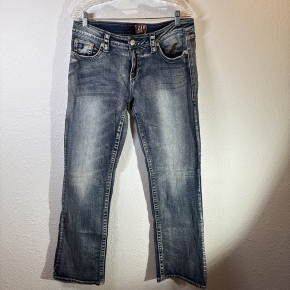 Cowgirl Up Denim - Cowgirl Up Bootcut Jeans Distressed Dark Wash Embroidered Sequins 30x34